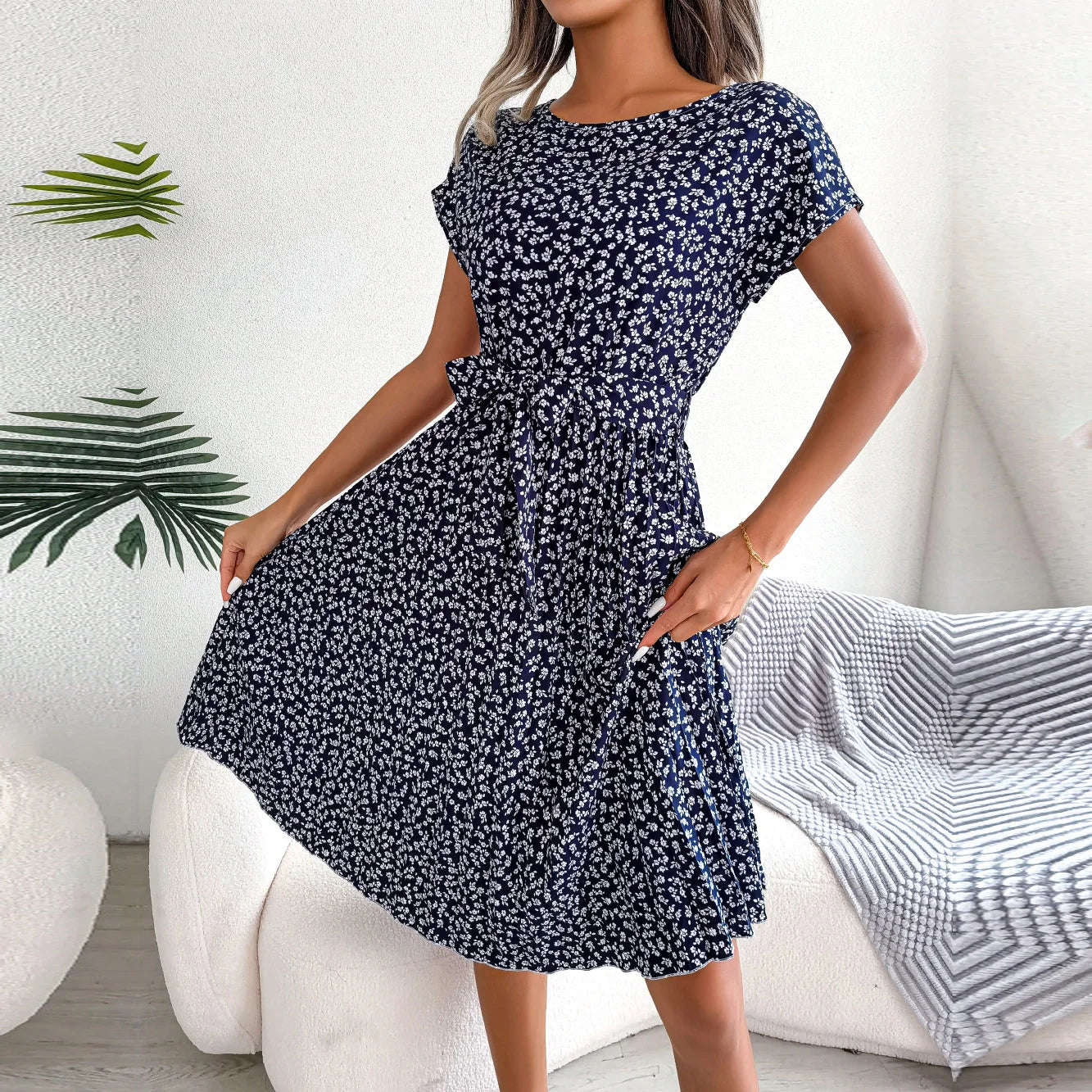 Valentina Floral Pleated A-Line Dress – Women’s High-Waist Midi
