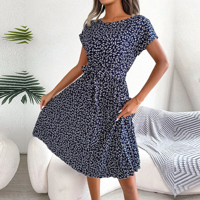 Valentina Floral Pleated A-Line Dress – Women’s High-Waist Midi