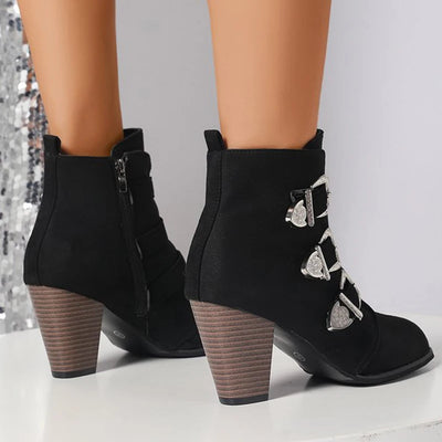 Camille Triple-Buckle Block-Heel Ankle Boots