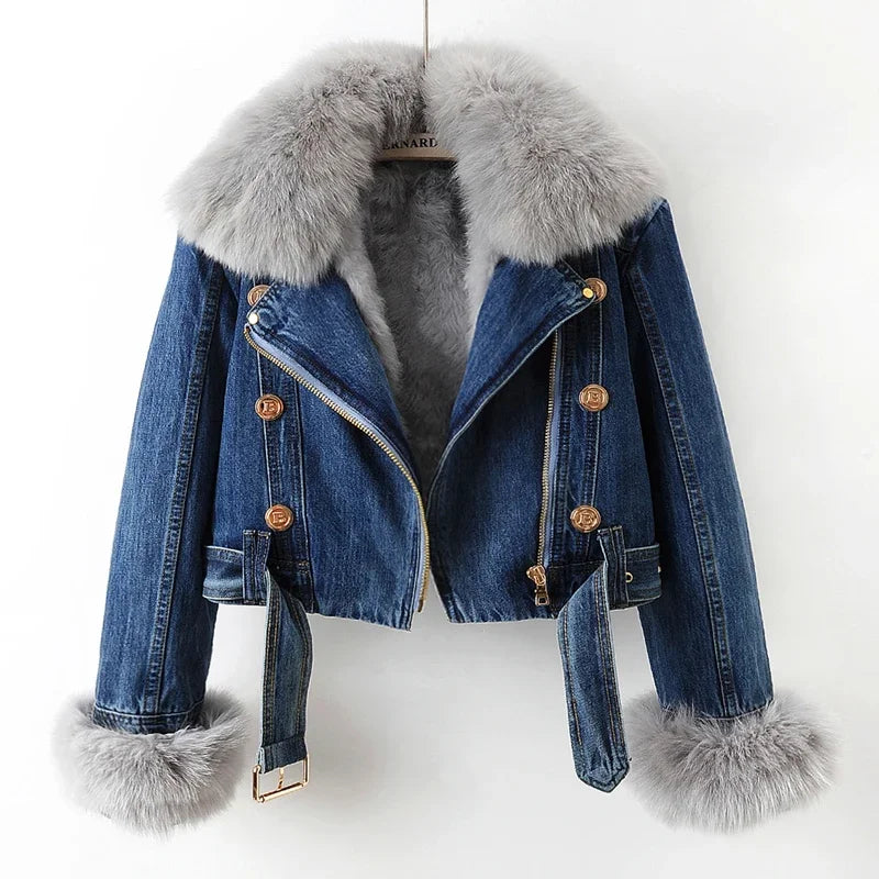 Denim jacket with fur trim on a white background
