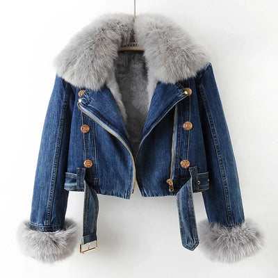 Denim jacket with fur trim on a white background
