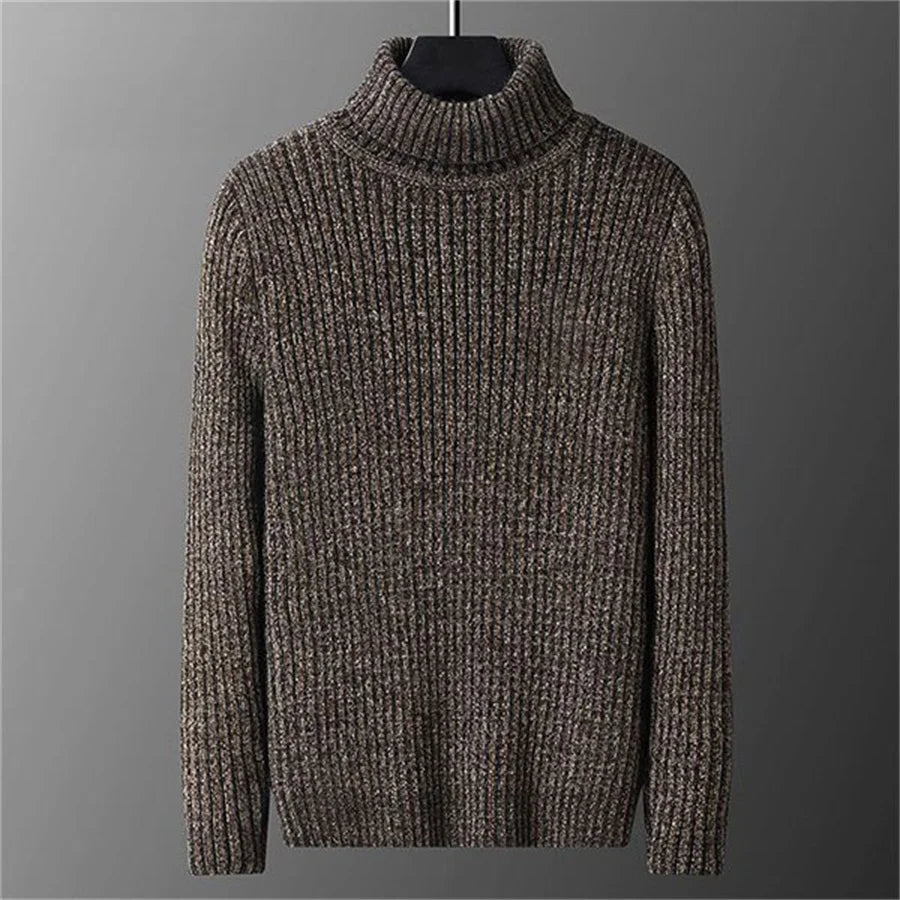 Brown turtleneck sweater on a gray background