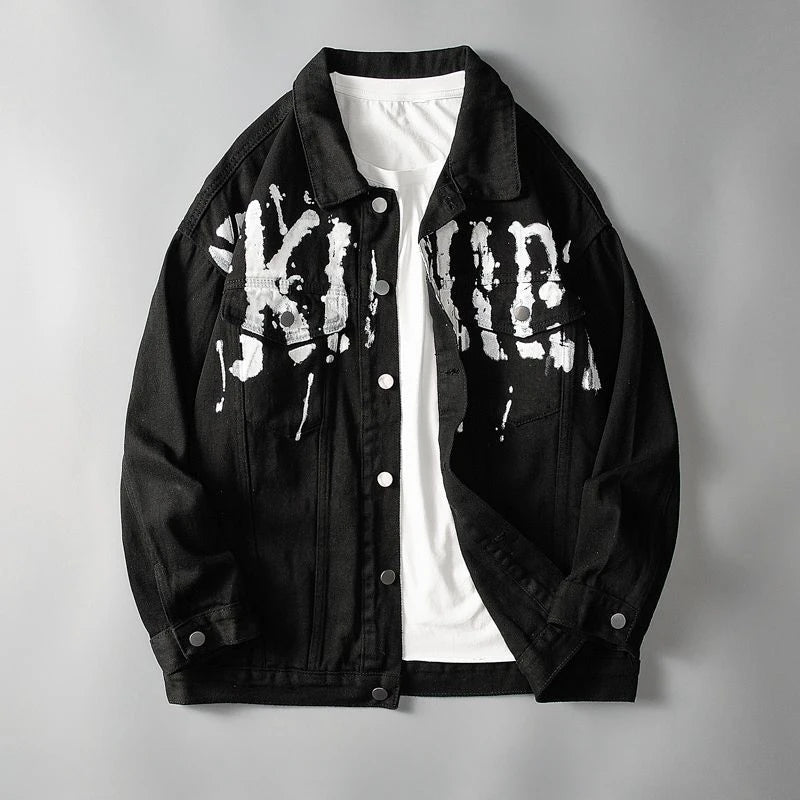 Black jacket with white text design on a gray background