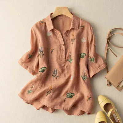 Mira Embroidered Linen Shirt – Women’s V-Neck Summer Top