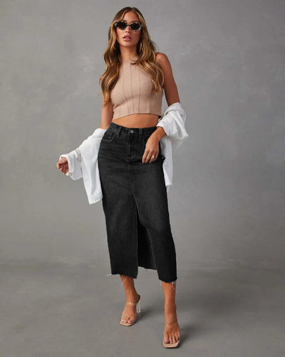 Gianna Denim Split Skirt – High-Waist A-Line Midi Skirt