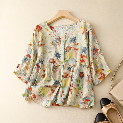 Ivy Floral Cotton-Linen Blouse – Loose Summer Short Sleeve Top