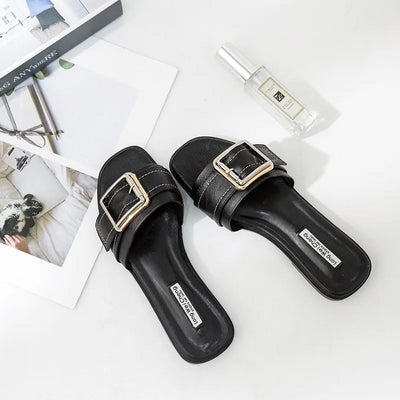 Sophia Designer Slide Sandals – Women’s Square Toe Leather Flats