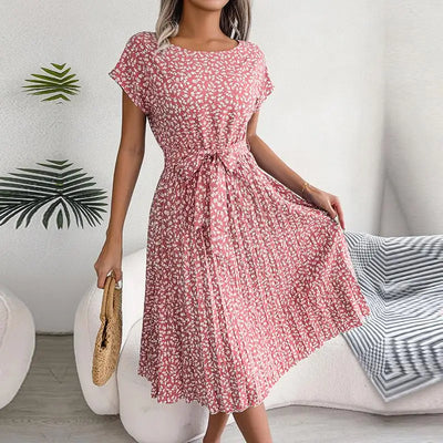 Valentina Floral Pleated A-Line Dress – Women’s High-Waist Midi