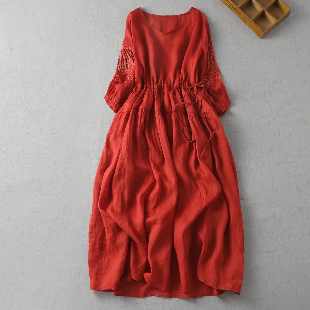 Isabella Linen Midi Dress – Hollow-Sleeve