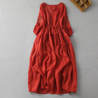 Isabella Linen Midi Dress – Hollow-Sleeve