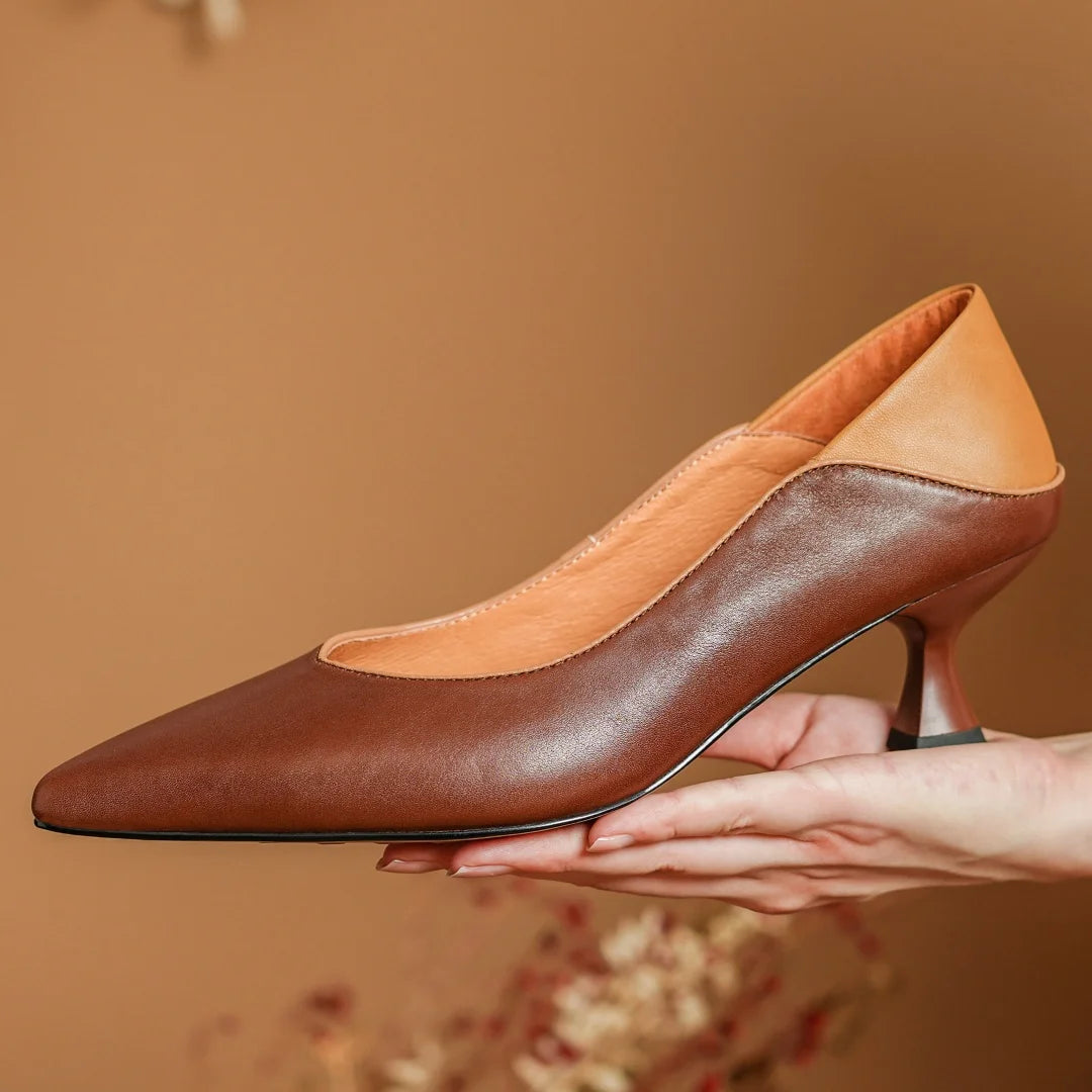 Elena Leather Heeled Pumps – Women’s Pointed Toe Two-Tone Shoes
