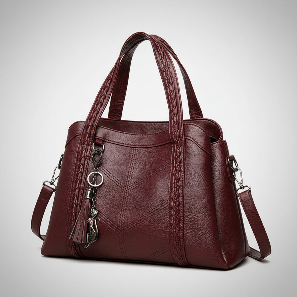 Brown leather handbag with a decorative keychain on a white background