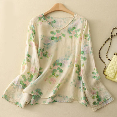 Aria Linen Floral Blouse – Loose Fit Long Sleeve Summer Top
