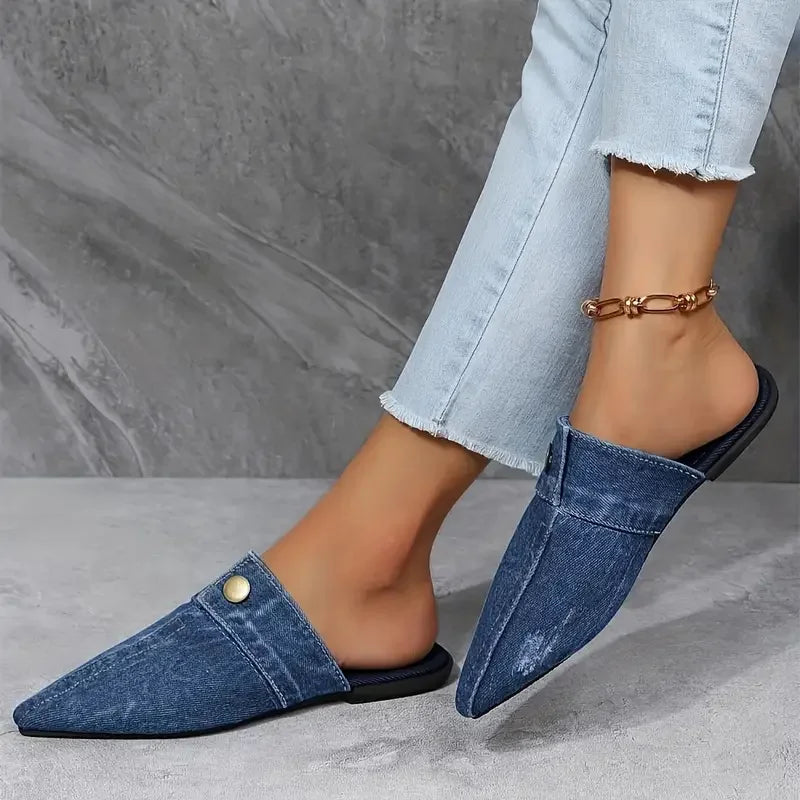 Bella Denim Slide Mules – Pointed-Toe Flat Slippers