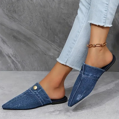 Bella Denim Slide Mules – Pointed-Toe Flat Slippers