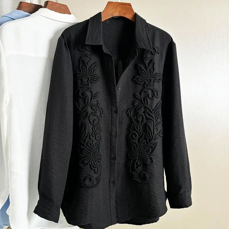 Elina Embroidered Casual Shirt -Women's Relaxed Fit Shirt with Floral Detail