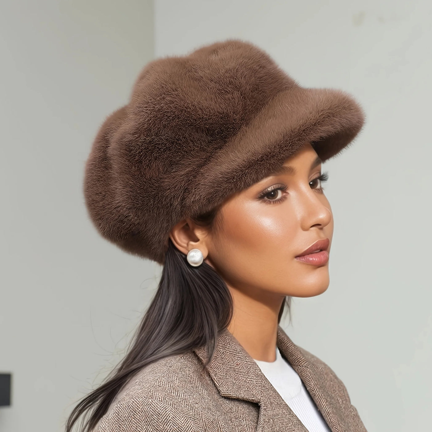 Woman wearing a brown fur hat against a plain background