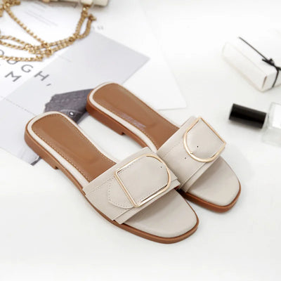 Sophia Designer Slide Sandals – Women’s Square Toe Leather Flats