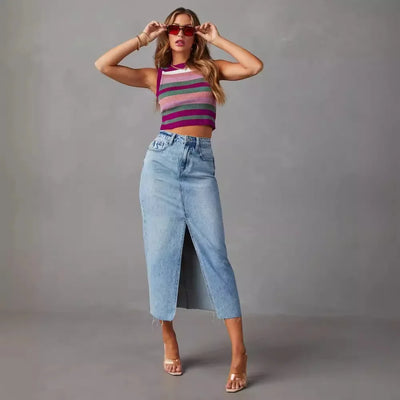 Gianna Denim Split Skirt – High-Waist A-Line Midi Skirt