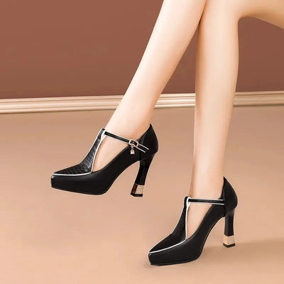 Colette T-Strap Heels - Women’s Pointed Toe Block Pumps with Gold Charm