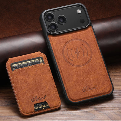 Brown leather phone case with brand logo on a wooden surface