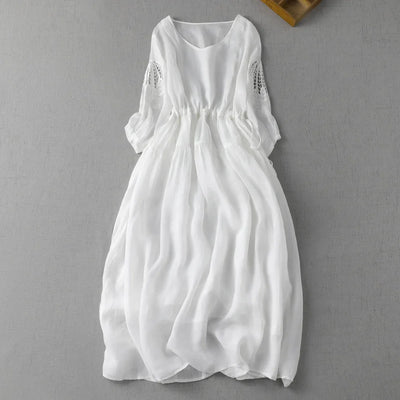 Isabella Linen Midi Dress – Hollow-Sleeve