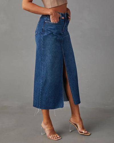 Gianna Denim Split Skirt – High-Waist A-Line Midi Skirt