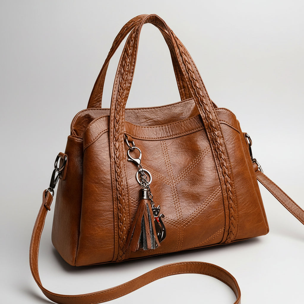 Brown leather handbag with braided handle and keychain on a beige background