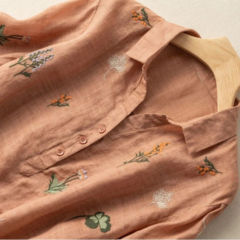 Mira Embroidered Linen Shirt – Women’s V-Neck Summer Top