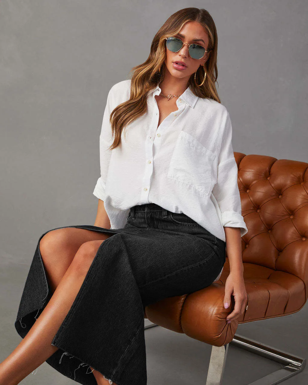Gianna Denim Split Skirt – High-Waist A-Line Midi Skirt