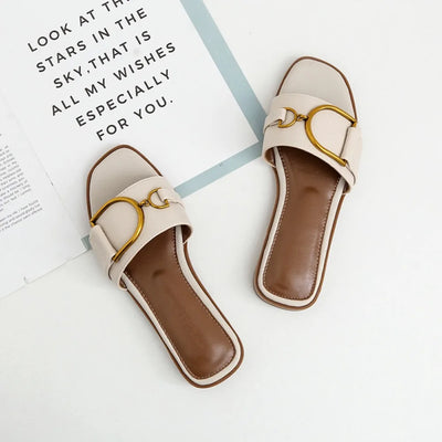 Sophia Designer Slide Sandals – Women’s Square Toe Leather Flats