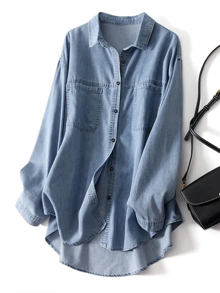 Giulia Cotton Denim Shirt – Women’s Loose Long Sleeve Denim Top