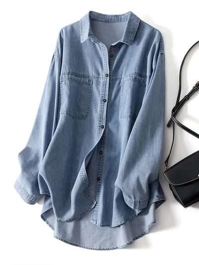 Giulia Cotton Denim Shirt – Women’s Loose Long Sleeve Denim Top