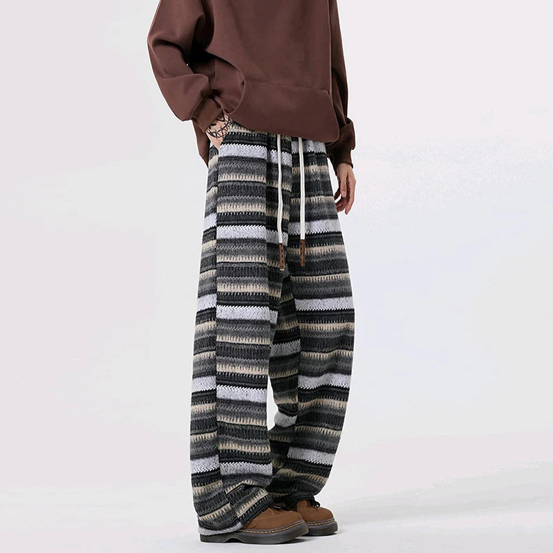 Vintage Striped Woolen Pants Mens Streetwear Fashion Drawstring Loose Straight Woolen Trousers Men 2025 Spring Fall Casual Pants