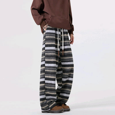 Vintage Striped Woolen Pants Mens Streetwear Fashion Drawstring Loose Straight Woolen Trousers Men 2025 Spring Fall Casual Pants