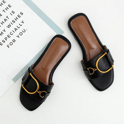 Sophia Designer Slide Sandals – Women’s Square Toe Leather Flats