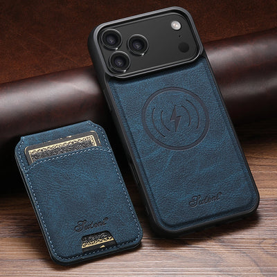 Blue phone case with card holder on a wooden surface