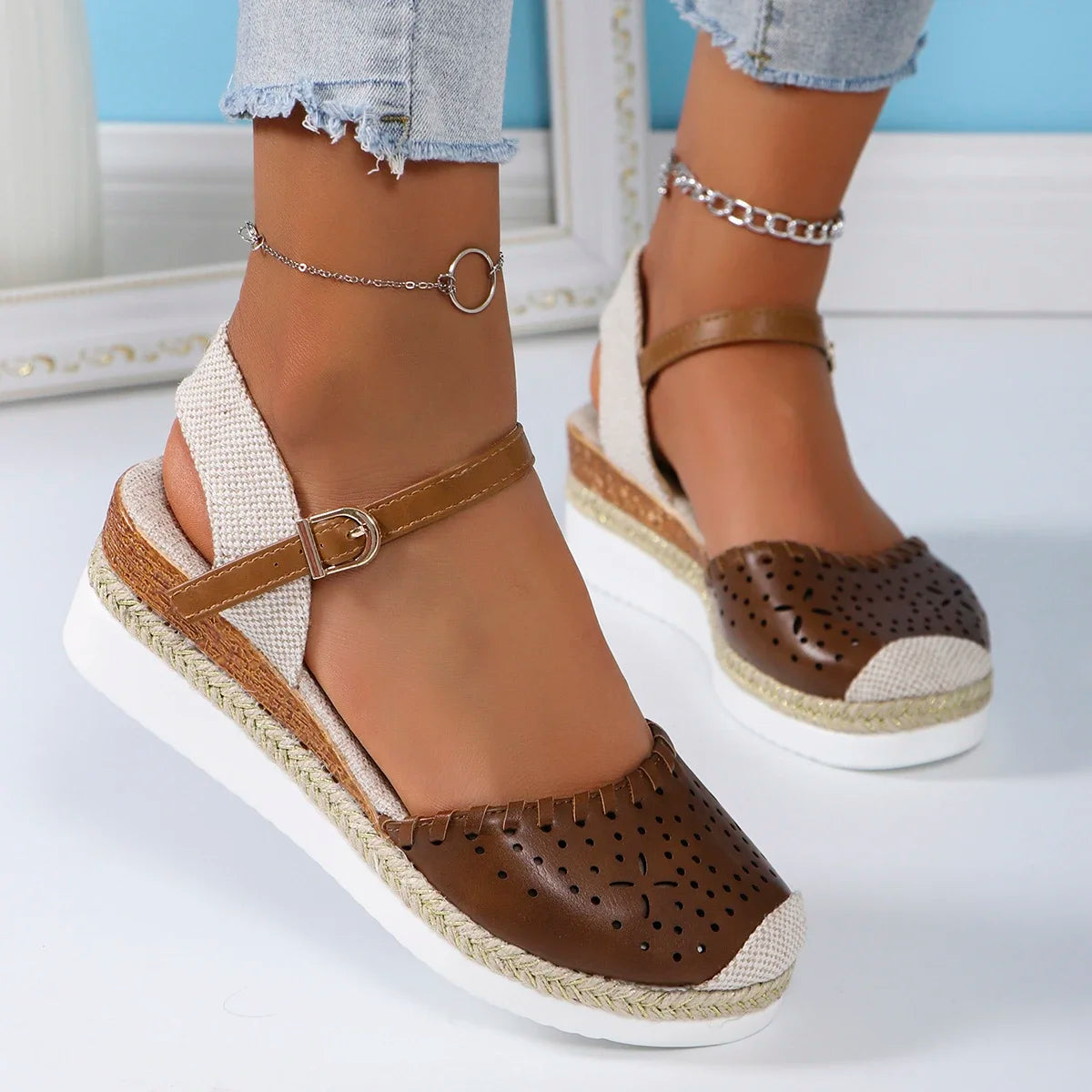 Mara Closed-Toe Wedge Sandals – Women’s Summer Espadrilles with Buckle Strap