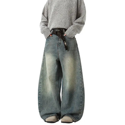 Zane Curved Stitch Baggy Jeans - Men’s Stonewashed Loose Street Fit