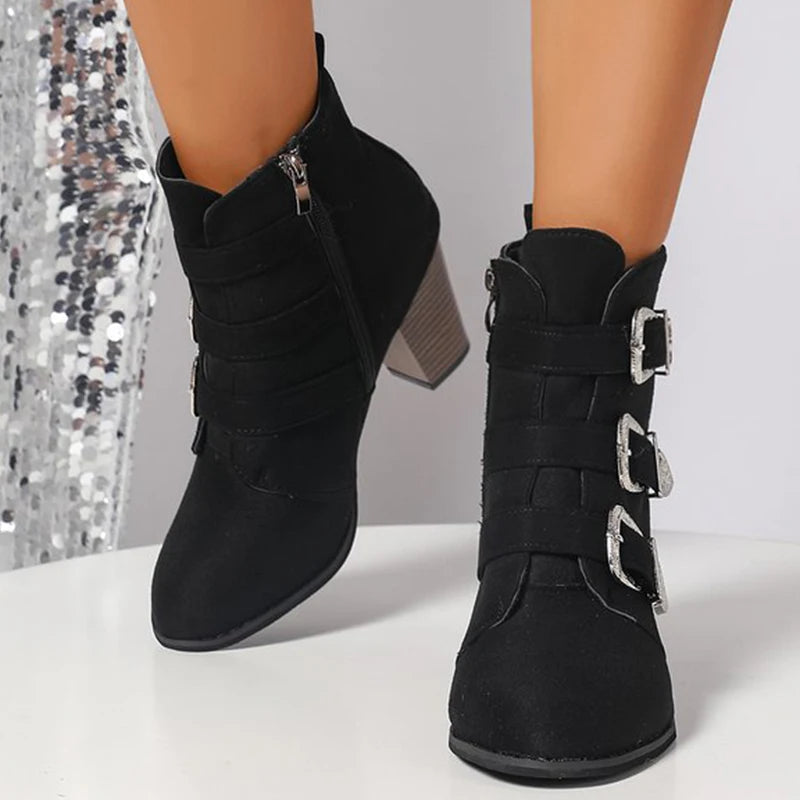 Camille Triple-Buckle Block-Heel Ankle Boots