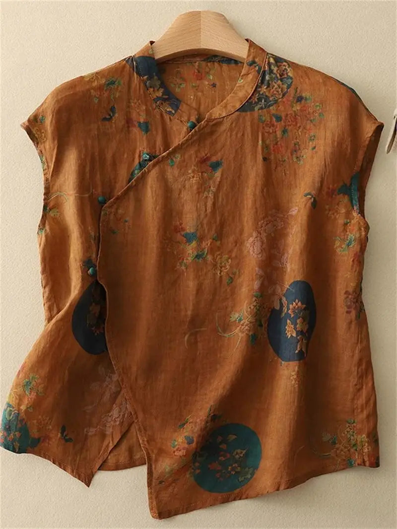 Mei Linen Sleeveless Blouse – Floral Loose Fit Summer Top