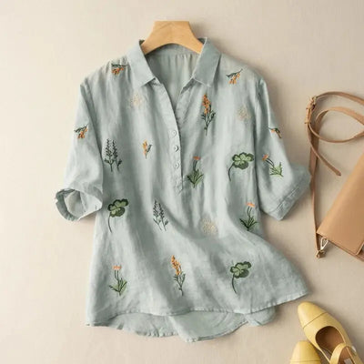 Mira Embroidered Linen Shirt – Women’s V-Neck Summer Top