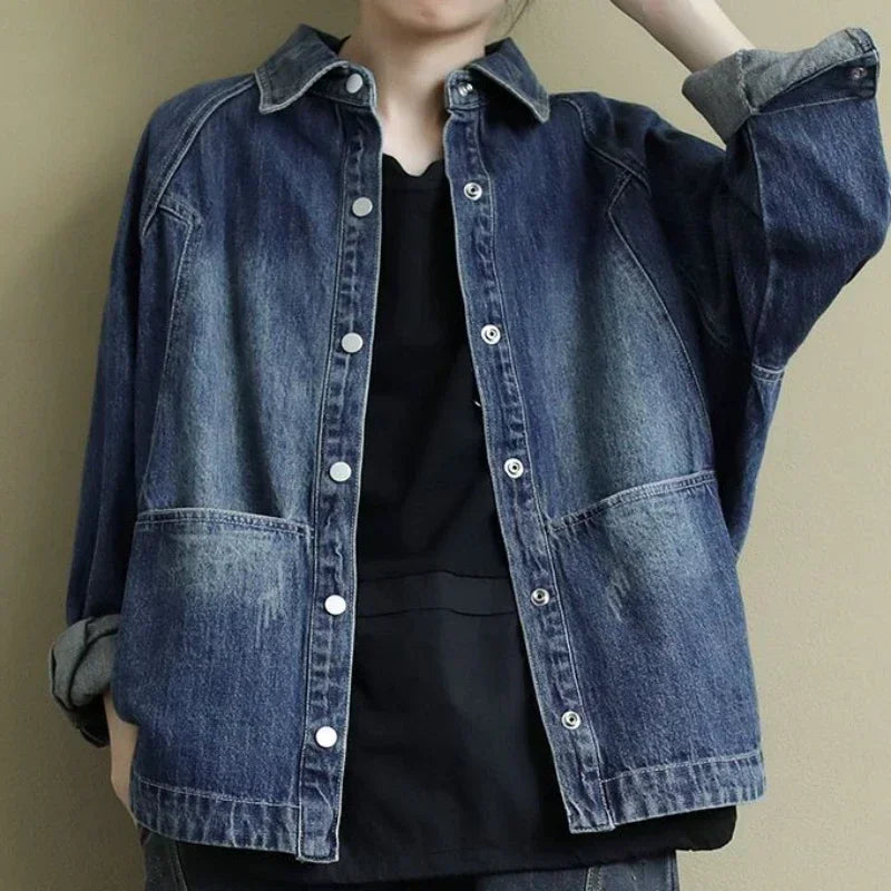 Lina Blue Denim Jacket - Women's Relaxed Fit with Frayed Detail
