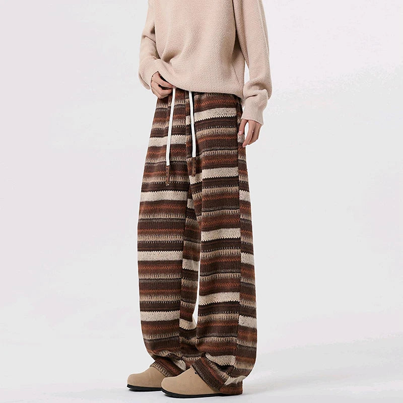 Vintage Striped Woolen Pants Mens Streetwear Fashion Drawstring Loose Straight Woolen Trousers Men 2025 Spring Fall Casual Pants
