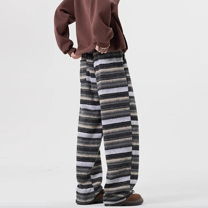 Vintage Striped Woolen Pants Mens Streetwear Fashion Drawstring Loose Straight Woolen Trousers Men 2025 Spring Fall Casual Pants