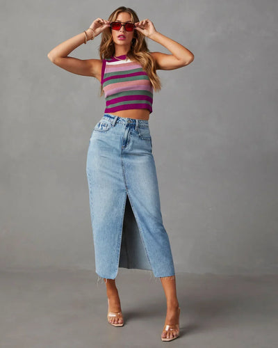 Gianna Denim Split Skirt – High-Waist A-Line Midi Skirt