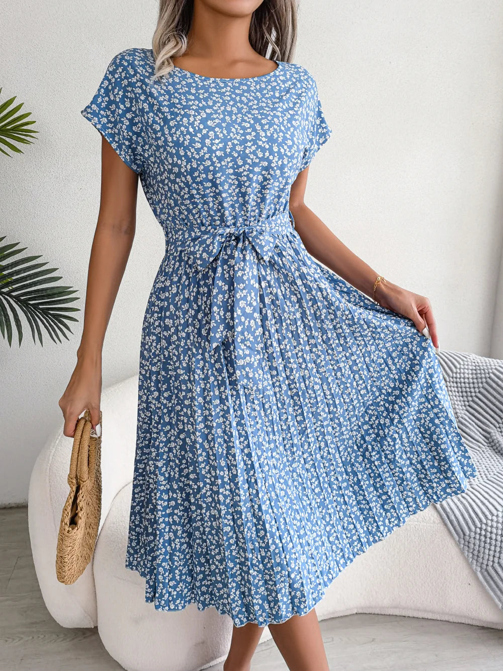 Valentina Floral Pleated A-Line Dress – Women’s High-Waist Midi