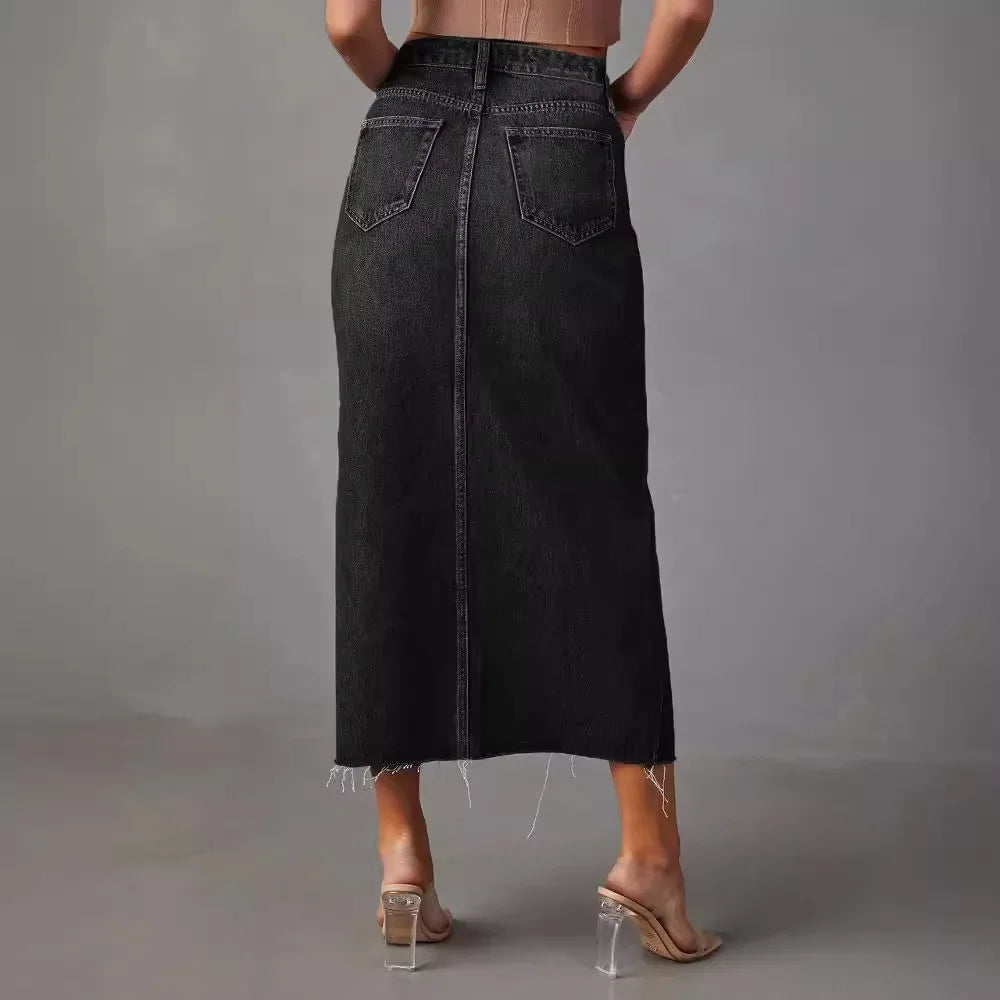 Gianna Denim Split Skirt – High-Waist A-Line Midi Skirt