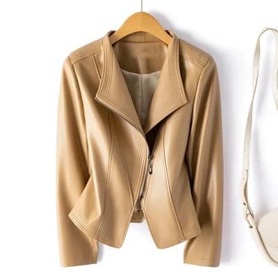 Beige leather jacket on a hanger against a white background