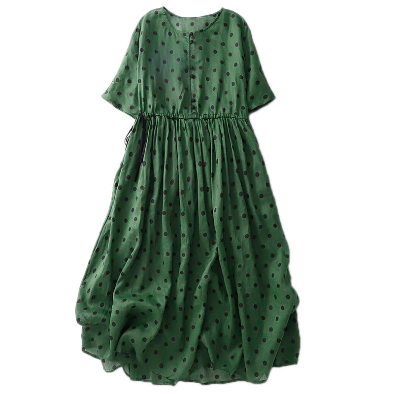 Celina Cotton-Linen Long Dress- Women's Polka Dot Boho Summer Fit